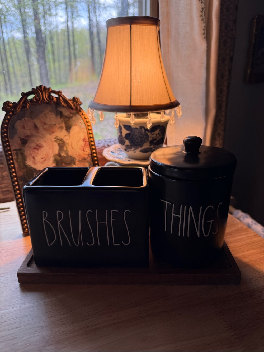 Rae Dunn Artisan Collection Black 'BRUSHES' & 'THINGS' Ceramic Organizer Set